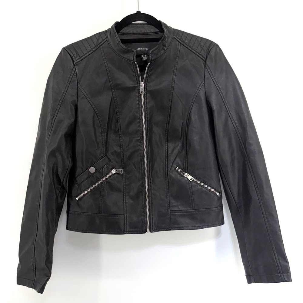 Vero MODA Faux Leather Biker Jacket Black Edgy Goth Chic Rockabilly Y2K Women M